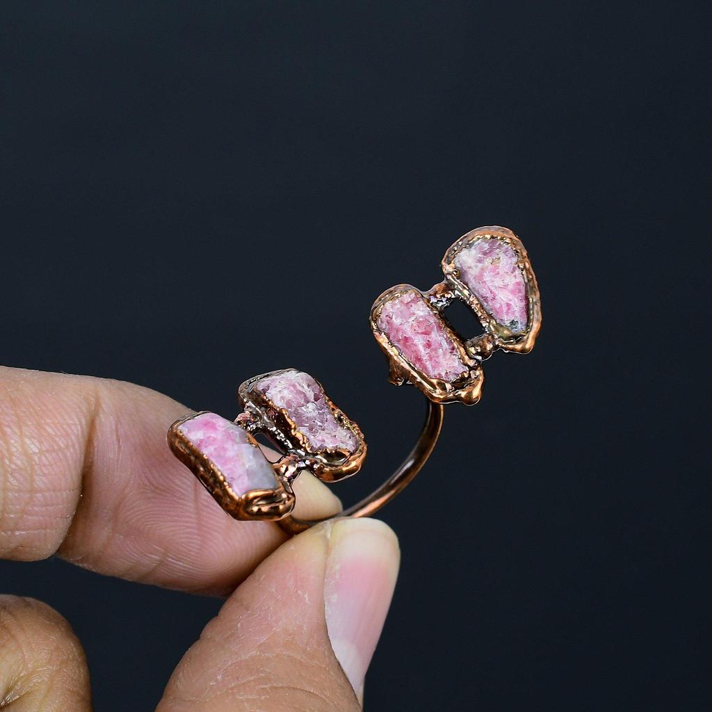 Pink Thulite Handmade Gemstone Ring, Copper Electroformed Ring Antique Jewelry, Adjustable Ring Engagement Gift