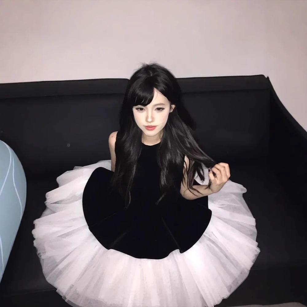 Velvet Patchwork Sleeveless Princess Dress for Women - Summer Waist-Slimming Puffy Tank Style