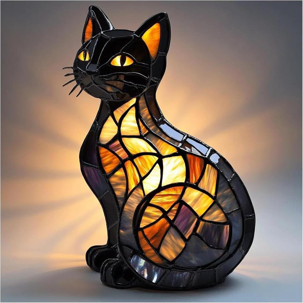 Cat Lamp,Stained Glass Cat Lamp,Retro Cats Stained Resin Table Lamps,Vintage Animals Night Light Home Decor,Animal Table Lamps Series for Lovers