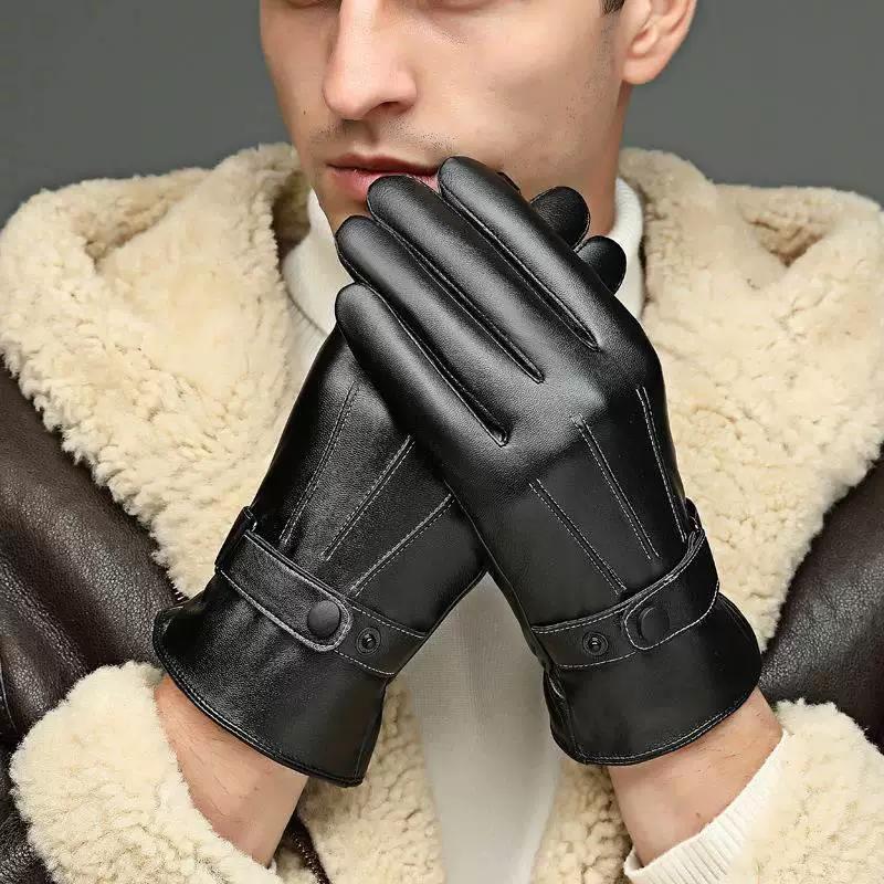 Autumn and Winter Leather Gloves for Men, Thin Style, Touchscreen-Compatible, for Driving, Cycling, and Motorcycling, Pu Leather with Fleece Lining