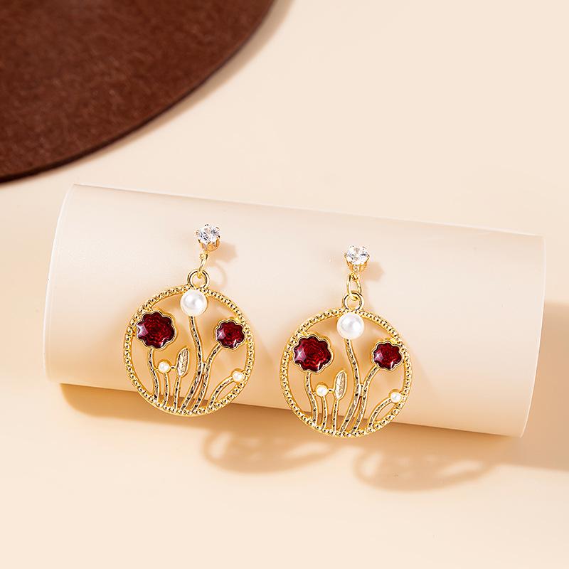 Japanese Cartoon Colorful Oil Drop Pearl Flower Earrings, Hollow Creative Cat Mt. Fuji Stud Earrings