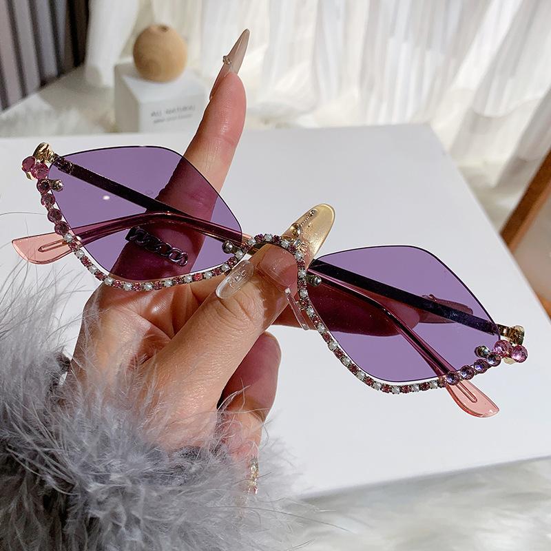 Diamond  Vintage Brand Designer Rhombus Sunglasses Women For Female Luxury Sun Glasses Punk Popular Half Frame Rhinestone Shades