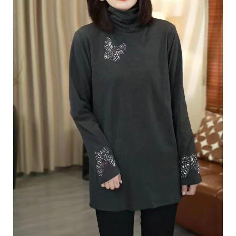 Women s Mid-Length High Neck Butterfly Embroidered Sequin Top 3XL