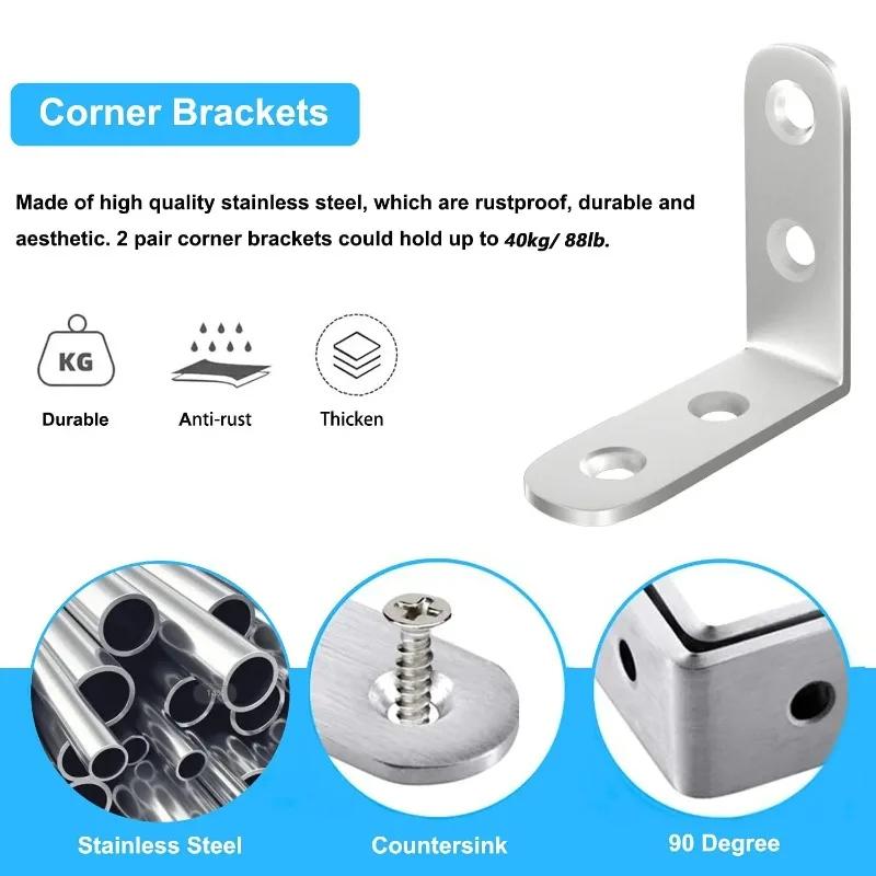Stainless Steel Bracket Fastener L Shaped Corner Brackets 90 Degree Right Angle Connectors for Furniture Cabinet Door Support