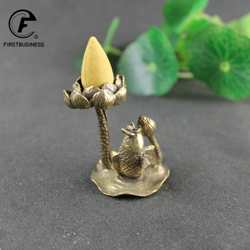 Antique Copper Lotus Flower Goldfish Figurines Miniatures Small Ornament Creative Vintage Brass Censer Home Decor Incense Burner