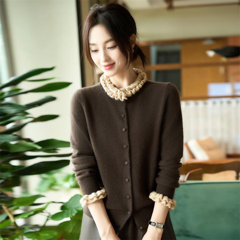 Women's Pure Wool Lace Ruffle Collar Knit Cardigan with Color Block Design
