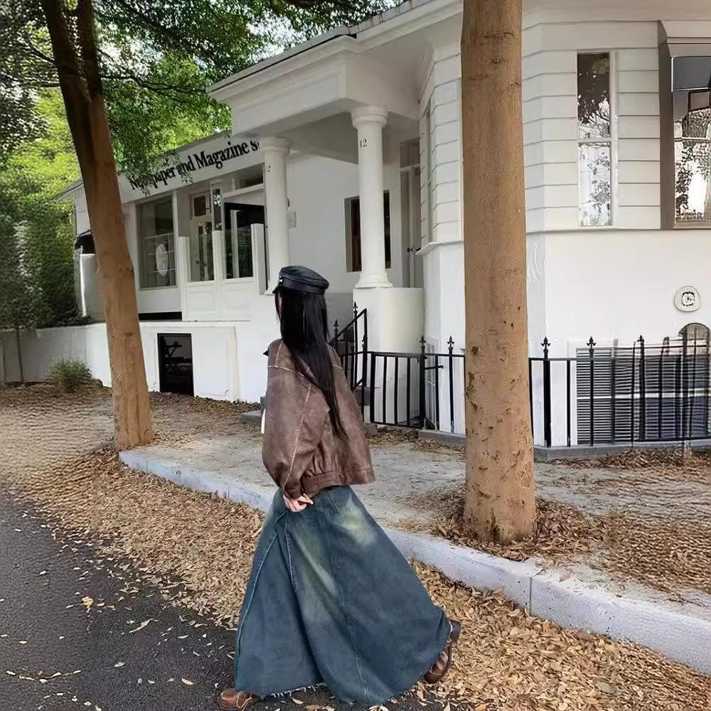 Women's High-Waist Summer 2024 Retro Washed Denim A-Line Skirt