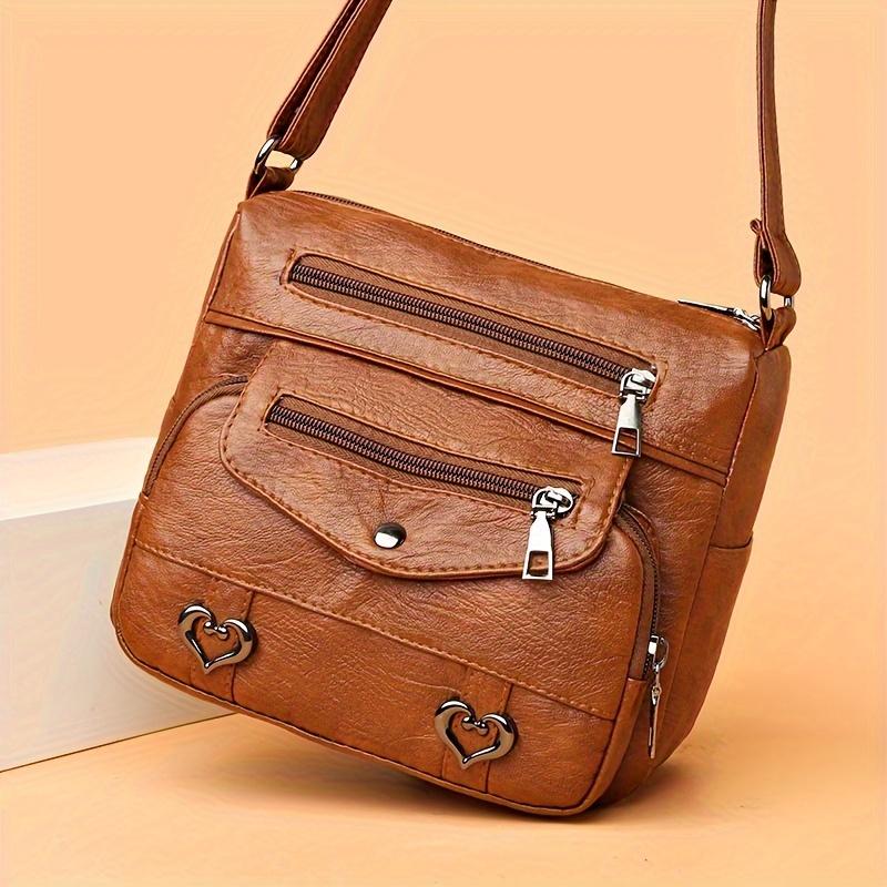 Heart Decorated Multi-layer Large Capacity Shoulder Bag, Fashiable Women's Leather Crossbody Bags, Suitable for Commuting