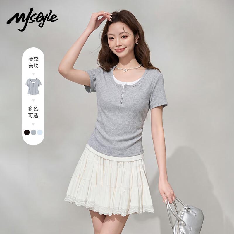 MJ STYLE Faux Two-Piece Short Sleeve T-Shirt S