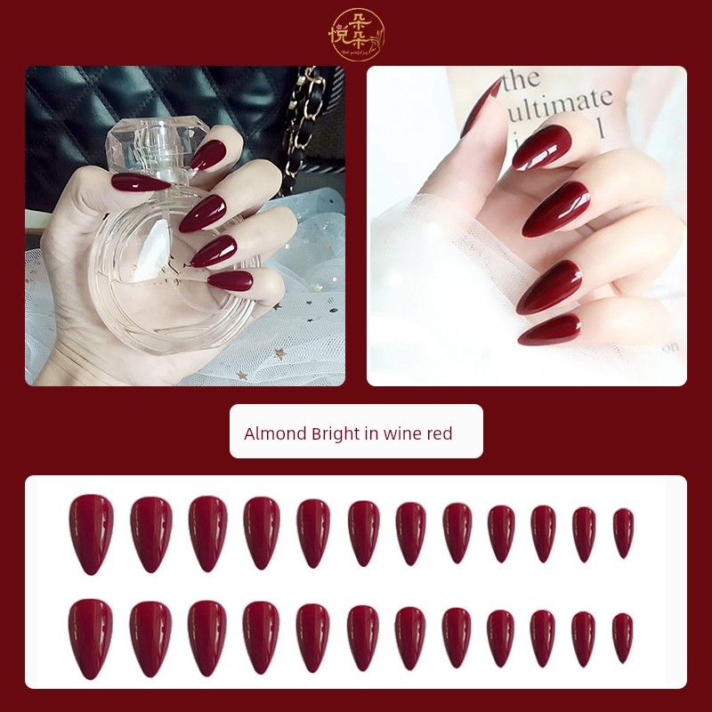 

Wearing Armor Mid Length Long Length Cherry Wine Red Jennie Same Style Bows Rhinestone Minimalist Almond Nail Stickers Almond Bright in wine red