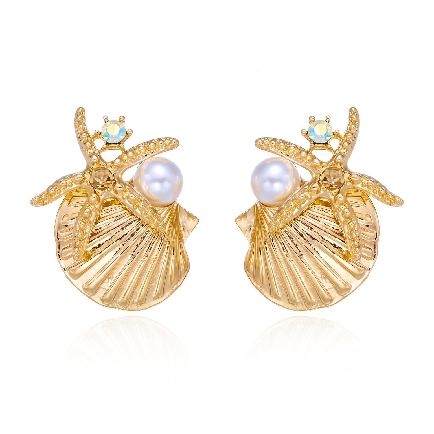 Mermaidcore Statement Gold Ocean Jewelry Set Women Chunky Starfish Shell Coral Pearl Crystal Necklace Bracelet Earrings Resort G