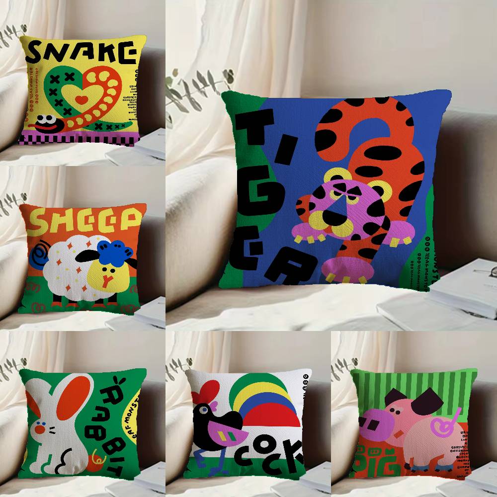 Chinese Zodiac Print Pillow Case Anti-dustmite Pillowcase Invisible Zipper Silky Short Plush Sofa Cushion Cover