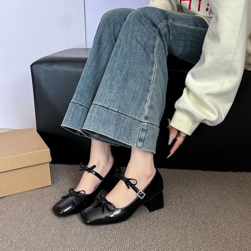 2025 New Versatile Silver French Bow Mary Jane Skirt Shoes - Women's Chunky Heel Spring Edition
