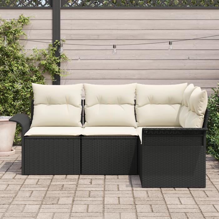 Ensemble de Canapés de Jardin de 4 Pièces avec Coussins en Rattan Poly Noir, Canapé de Jardin 2 Places avec Rangement & 3354006