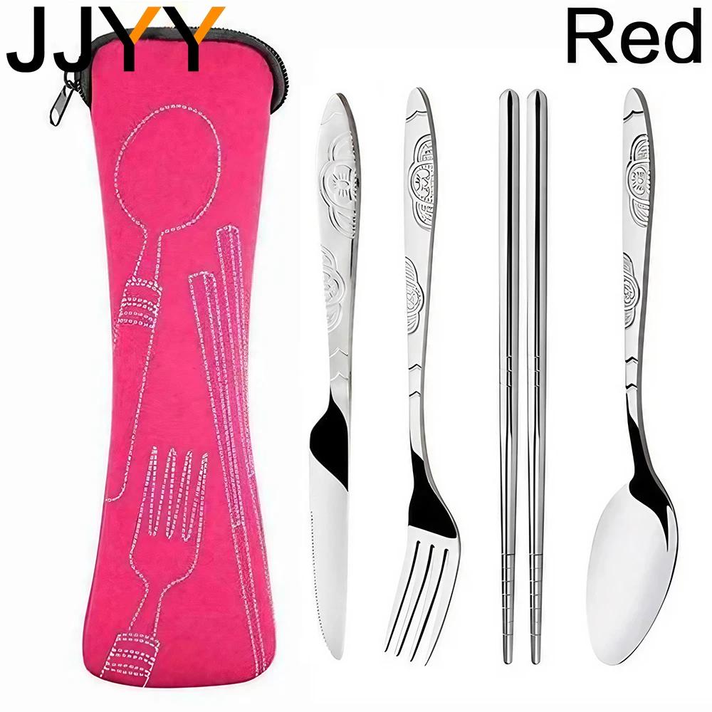 1 Set Portable Stainless Steel Printed Knife, Fork, Chopsticks and Spoon Set Flatware Set Student Portable Cutlery