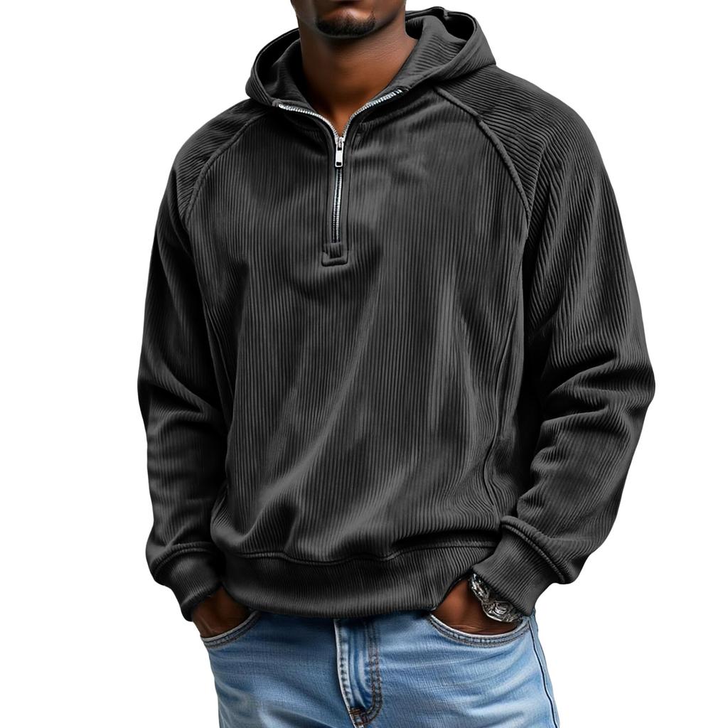 Men's  Leisure  Corduroy  Shoulder  Insertion  Half   Zipper  Hooded  Hood  Hoodie
