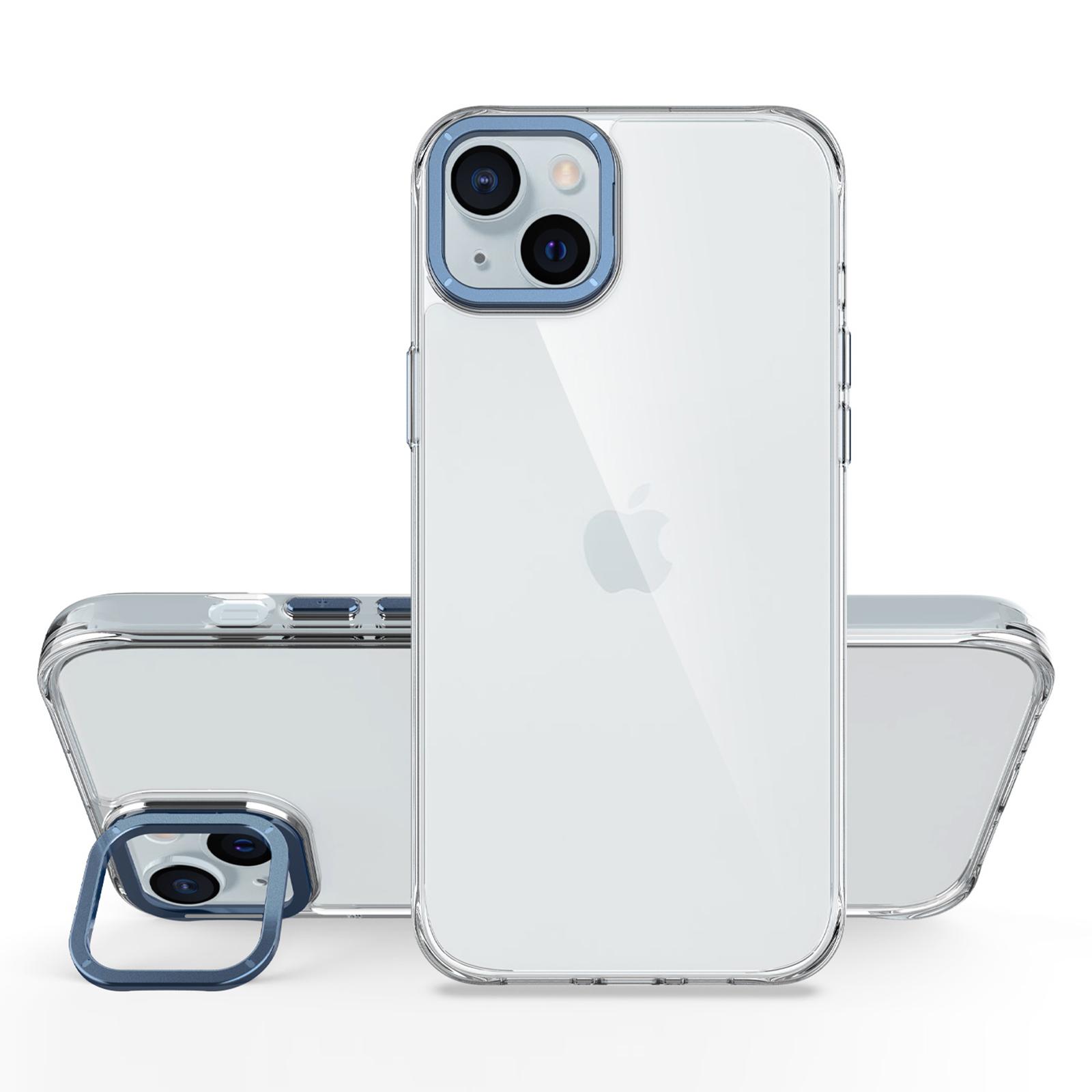 

For iPhone 14 Case Shockproof TPU+PC Phone Back Cover with Metal Lens Kickstand Blue