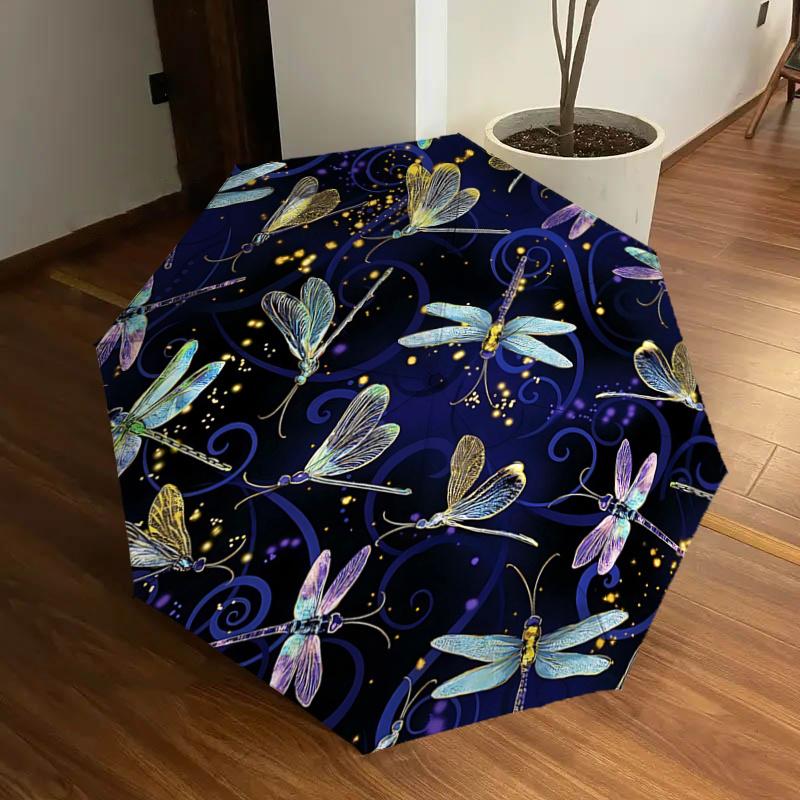 

Dragonfly Night Sky Auto Open Close Umbrella - Portable Tri-Fold Design with Iron Frame, Perfect for, Festive Gifts, Travel, Daily Use, and