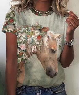 Women's T-Shirt Summer Vintage Women's T-Shirt Horse 3D Printed T-Shirt Men's and Women's Fashion, Comfortable, Crew Neck, Short Sleeve T-Shirt