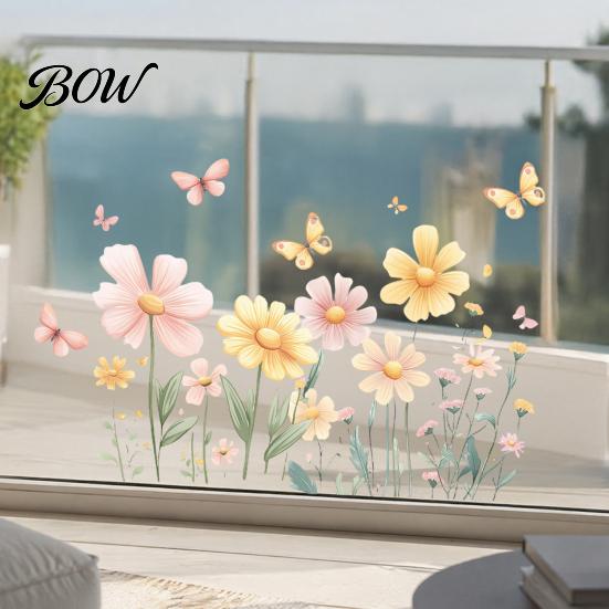 Waterproof PVC Flower Window Clings 2Pcs Watercolor Flowers Wall Sticker, Floral Decal with Butterflies, Removable Decals for Bedroom Art Decor,