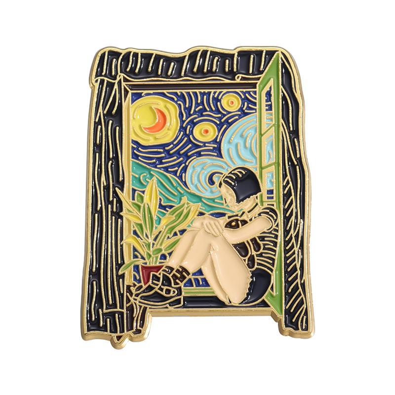 Art Oil Painting Enamel Pins Custom Night Starry Sky Brooches Lapel Badges Punk Gothic Animal Jewelry Gift for Kids Friends