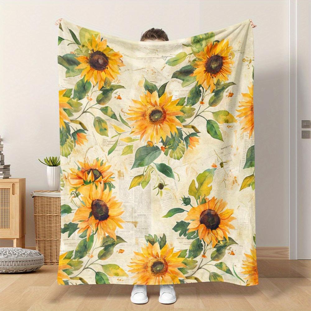 VIKAMA Retro Newspaper Sunflower Fleece Blanket,Watercolor Floral Print Sofa Throw,Farm Cottage Country Home Decor Bed Cover 75X95CM