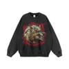 Unisex Oversized Hoodie With Wolf Print Distressed Design Streetwear Cotton Long Sleeve Pullover