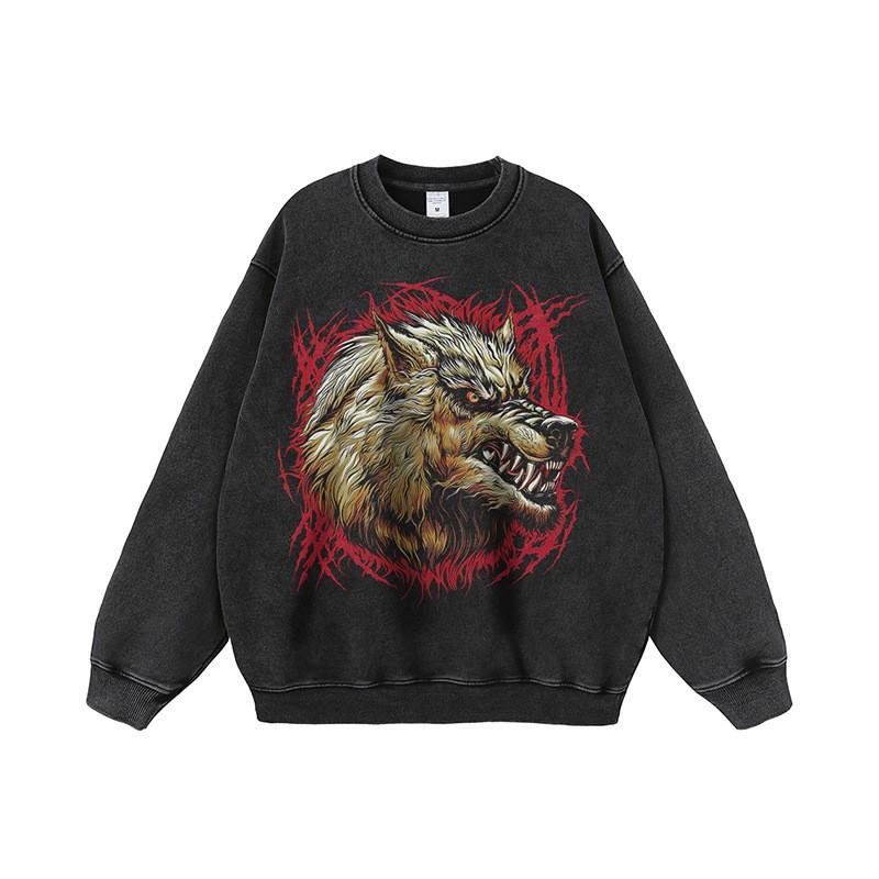 Unisex Oversized Hoodie With Wolf Print Distressed Design Streetwear Cotton Long Sleeve Pullover