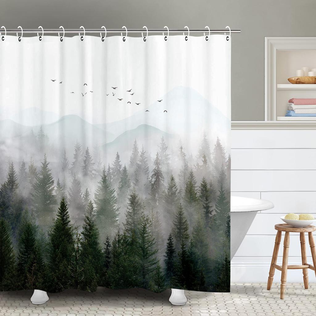 Misty Forest Woodland Shower Curtains Nature Shower Curtain Fall Shower Curtain Waterproof Polyester Fabric Home Decor with Hook