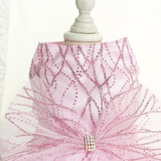 Pet Dress Bow Tie 3D Flowers Sequins Rhinestone Decor Breathable Mesh Pomeranian Chihuahua Puppy