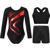Girls Gymnastics Dance Set Long Sleeve Metallic Patchwork Leotard Cross Back Vest Rhinestone Waistband Shorts