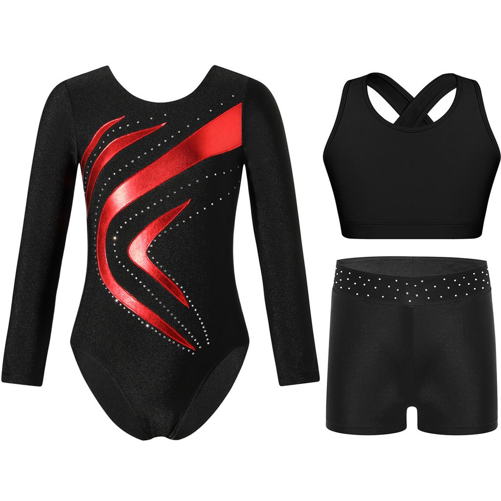 Girls Gymnastics Dance Set Long Sleeve Metallic Patchwork Leotard Cross Back Vest Rhinestone Waistband Shorts