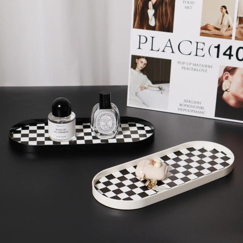 Square Crescent Shaped Storage Tray - Black And White Chessboard Desktop Tray, Moon Tray, Decorative Tray, Storage Box