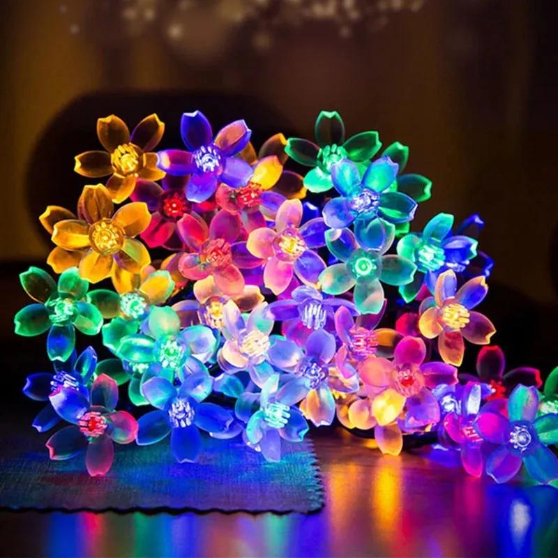 Solar Cherry String Lights Outdoor Sakura Garlands Peach Flower LED Night Lamp for Wedding Party Tree Garden Parterre Decoration