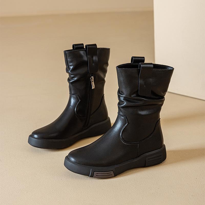 2025 Autumn and Winter New Leather Medium Boots Women's Martin Boots Versatile Thin Boots European and American Retro Knight Boots