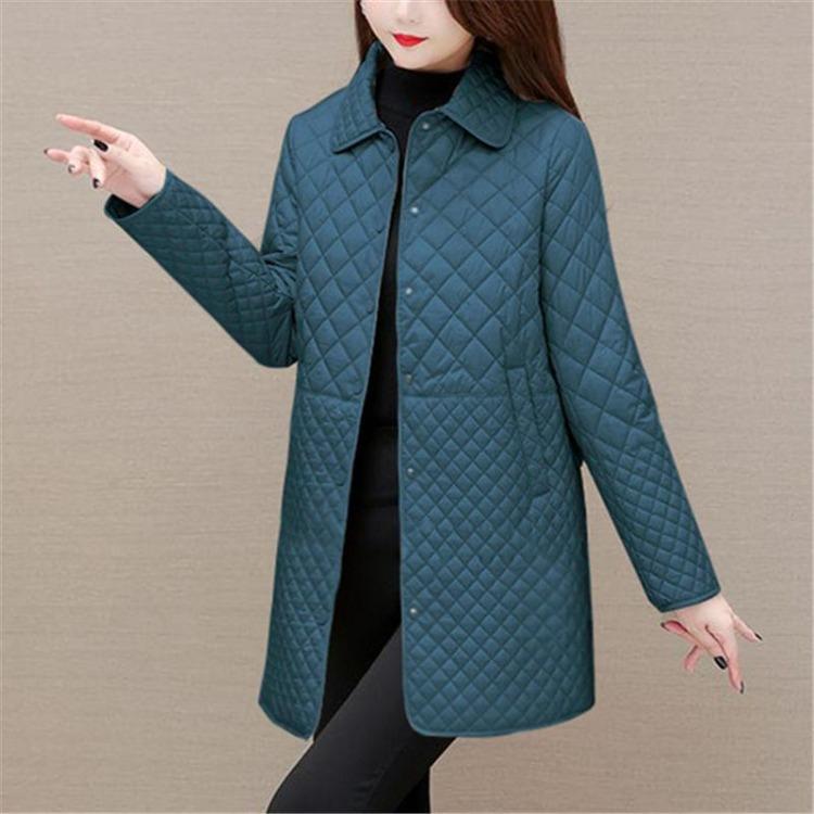 Autumn Winter Women Solid Color Diamond Grid Medium Long Thicken Warm Long Sleeve Cotton Jacket