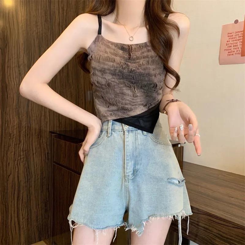 

Women Summer Red Grey Tie Dye Ruched Spaghetti Strap Asymmetrical Crop Top OneSize чорний