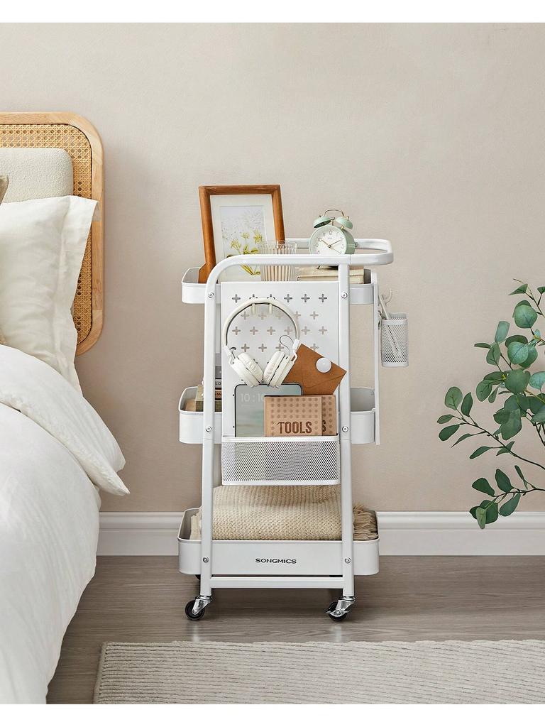 SONGMICS 3-Tier Storage Cart, Rolling Utility Cart, Metal Mesh Shelves, 2 Removable Pegboards, 2 Hanging Holders, 4 Hooks