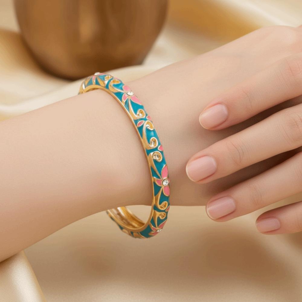 Exquisite Painting Enamel Flower Bangle Lightweight Metal Rhinestone Thin Bracelet Beach Vacation