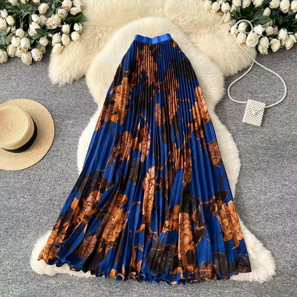 Women's High-Waisted Chinese Ink Print Pleated Midi Skirt