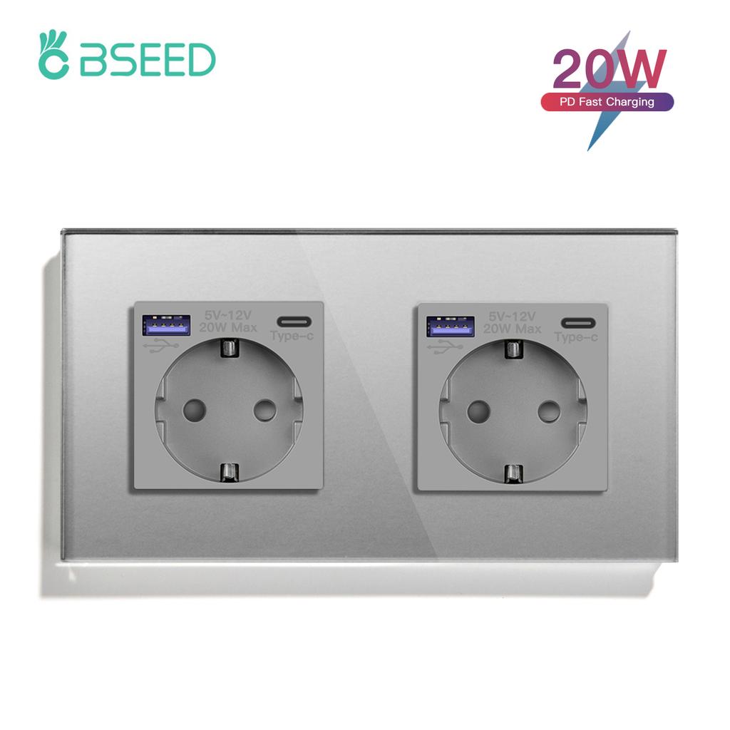 BSEED 1/2/3pólový dotykový vypínač světla 1pólový senzorový vypínač se zásuvkou EU USB Type-C 20W rychlé nabíjení Modré podsvícení Skleněný panel