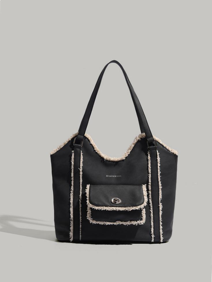 

Large capacity denim patchwork lambswool tote bag autumn and winter new fashion versatile handbag commuter shoulder bag