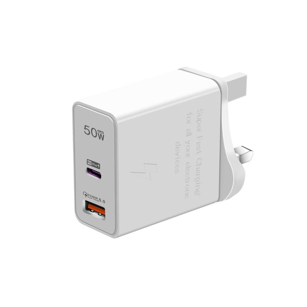 50W Dual-Port Charger, Compatible with Samsung, Huawei, and Apple Phones, PD Fast Charging Adapter for EU/US/UK Standards.