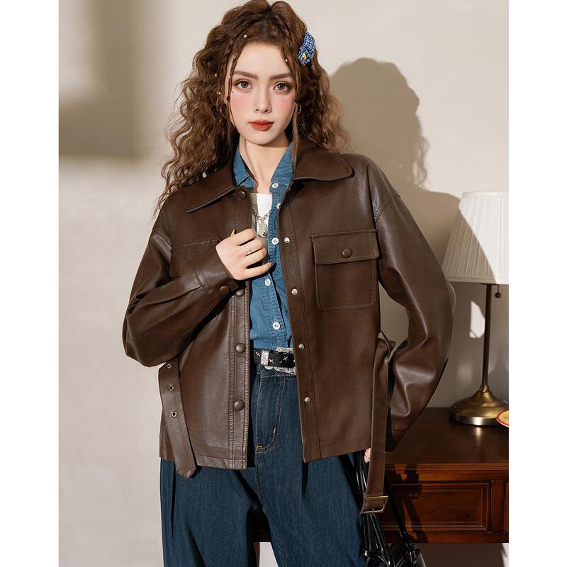 ET BOITE Women's Retro Loose Casual Faux Leather Jacket