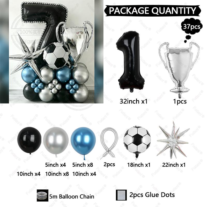 37pcs Silver Trophy Football Balloon Black Number 1-9 Birthday Balloon Set Sports Theme Party Decoration Festival Supplies