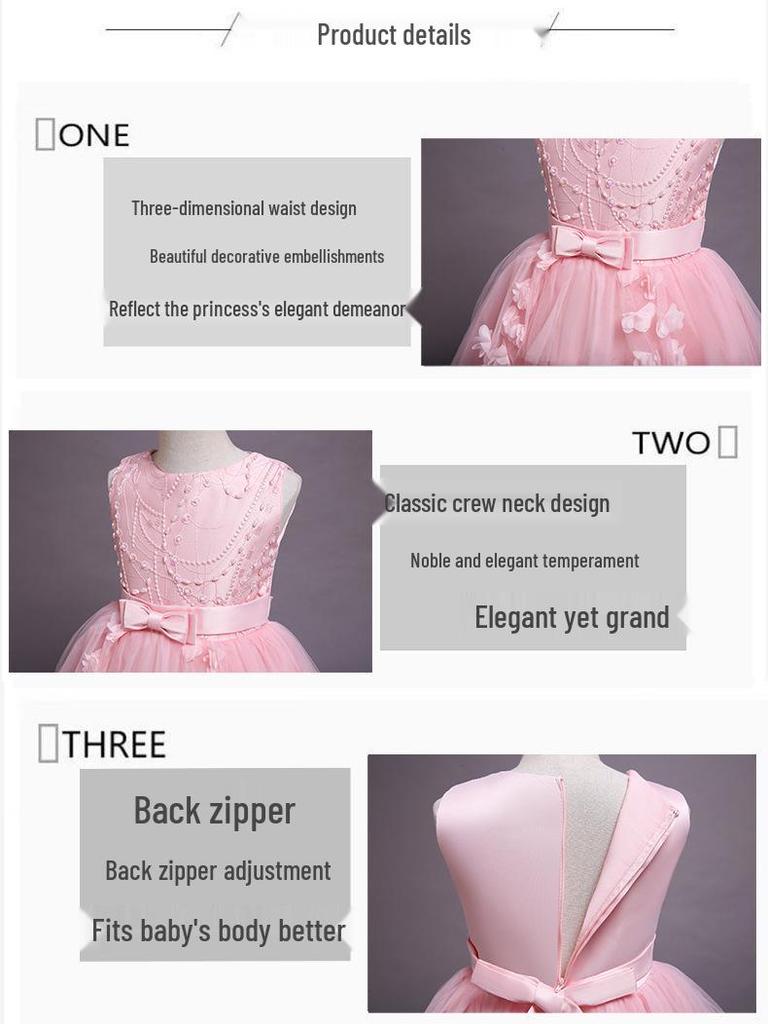 Children's Formal Puffy Princess Wedding Dress with Lace Train for Catwalk and Performances