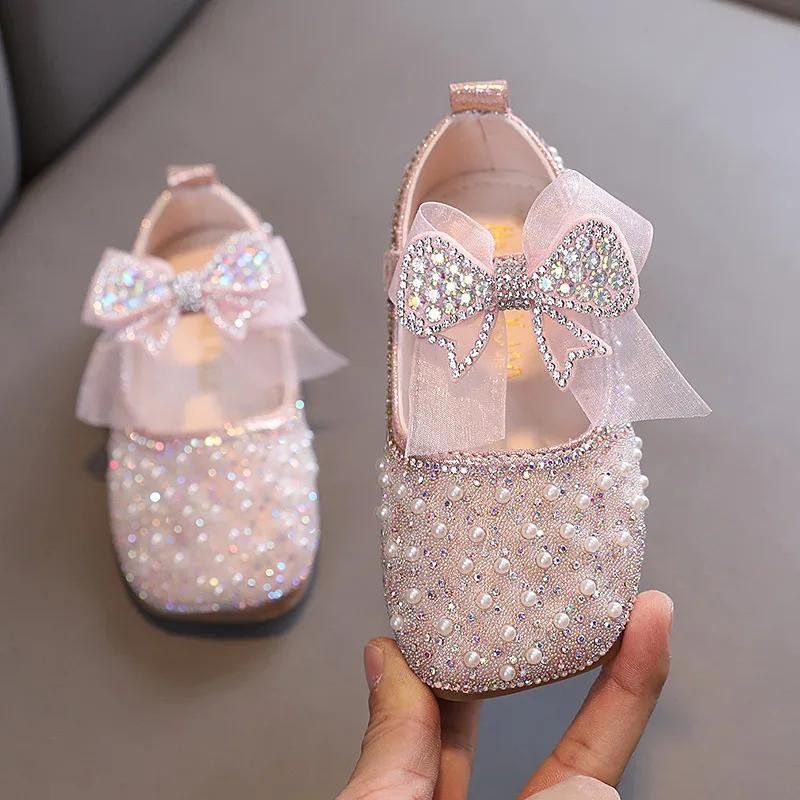 Spring Children's Lace Bow Princess Shoes Girls Bling Square Toe Leather Shoes New Kids Soft-Soled Versatility Stage Shoe I06198