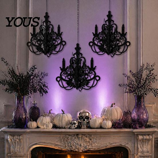 Vintage Style Hanging Decor 3D Candlestick Chandelier Ceiling Ornament, Gothic Halloween Glitter Indoor Atmosphere Decoration for Holiday Party,
