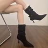 Pointed High-heeled Short Boots Women's 2025 New Autumn Retro Pleated Piled Boots Thin Heels Western Thin Boots