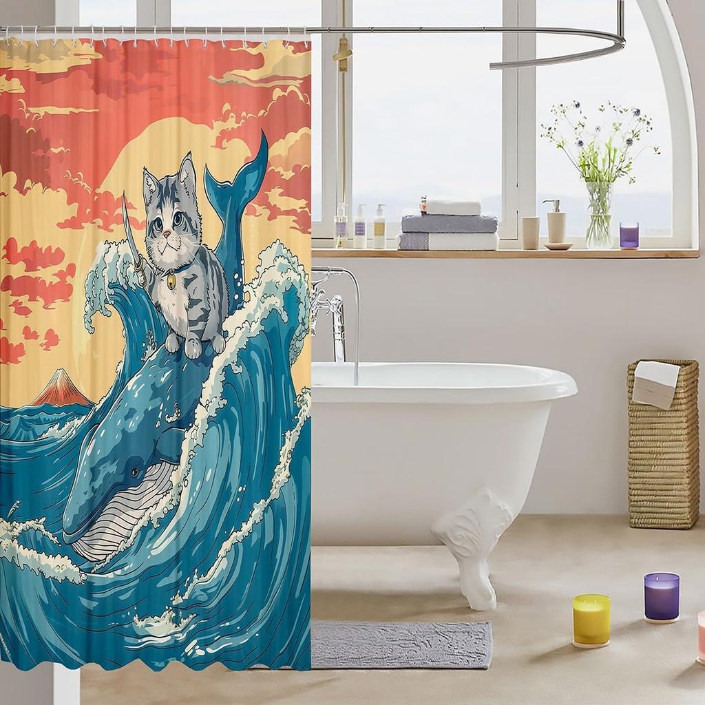 Cartoon Funny Animal Bath Curtain Brave Cat Riding Shark Shower Curtain Kids Boys Girls Ocean Wave Japanese Style Decor Whale